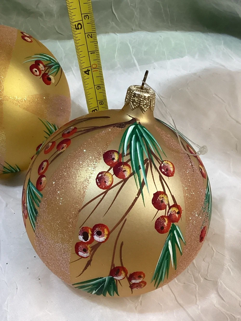 Hand-Painted Gold Glitter Holiday Pine Tree Themed Ornament Set Larger Size